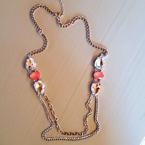 Unique Silver & Peach Rhinestone Chain Silver Tone Necklace